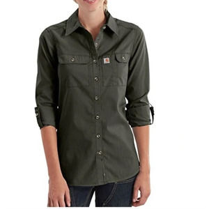 Carhartt Force Olive Green Button-Front Long-Sleeve Shirt -Women's Size M (8-10)